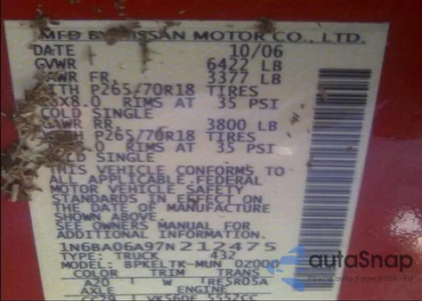 2007 Nissan Titan Xe/Se/Le z USA, uszkodzony, nr VIN 1N6BA06A97N212475